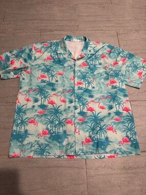Hawaiian Short Sleeve Button Down Beach Summer Cruise Flamingos Palm Trees 3XL